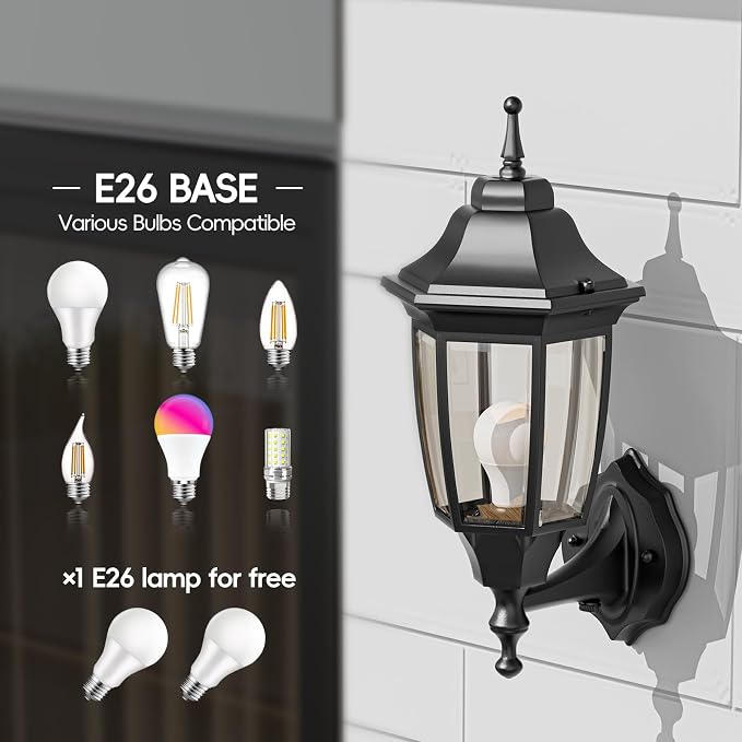 EMART Dusk to Dawn Outdoor Porch Light, Exterior Anti-Corrosion, Waterproof Aluminum & Glass Shades Wall Lamp Fixture, Modern Sconce Lantern for Yard, House, Garage - 1 Pack, Black （Bulb Included）