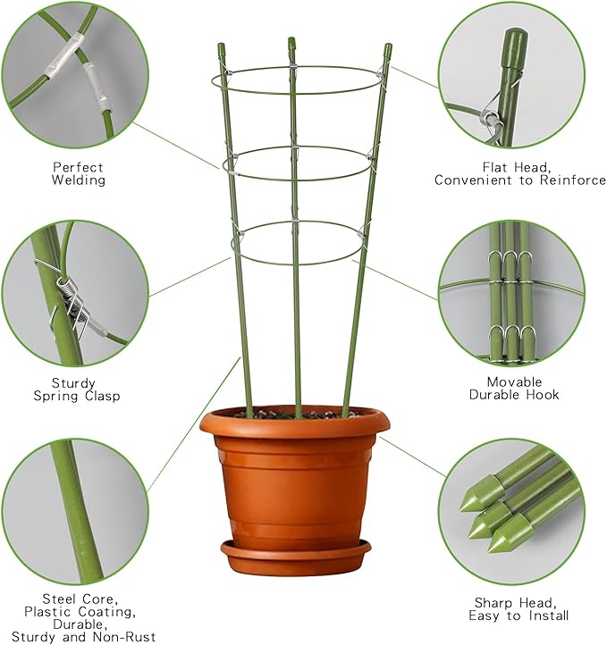 Garmeinea 6 Pack Plant Support Cages 18 Inches Small Tomato Cages and Supports with Adjustable Rings for Garden Pots, Climbing Plants, Bonus 98 Feet Twist Ties