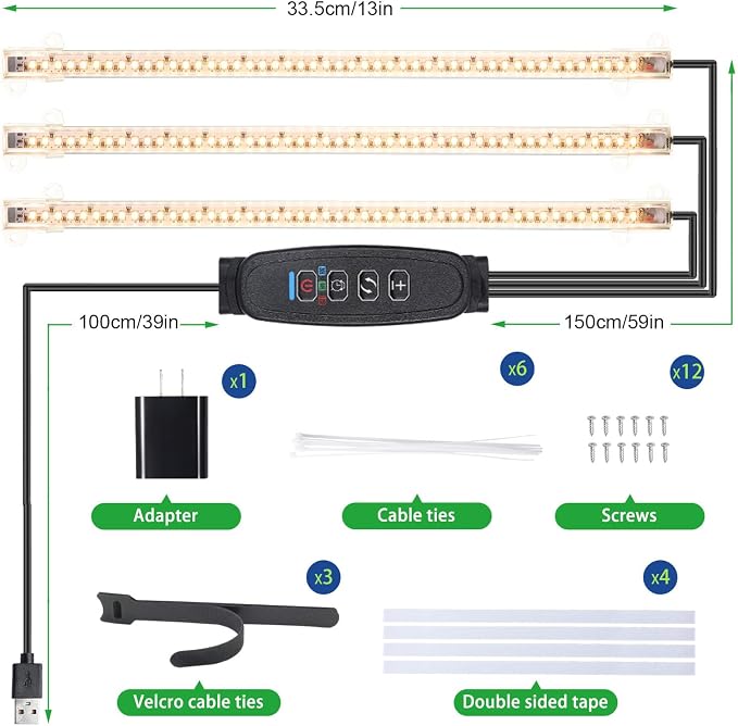 RWNTAO 13 Inches LED Grow Light Strips for Plant Shelf, 3500K Full Spectrum Plant Growing Lights for Indoor Plants, 144 LEDs Planting Lamp with 10 Dimmable Levels and 3/9/12H Timer, 3 Head