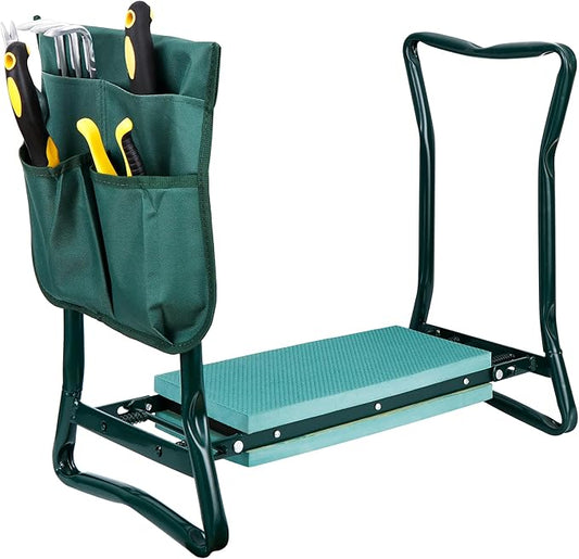 HomGarden Upgraded Folding Garden Kneeler Seat Bench Stool w/Thicken & Widen Soft Kneeling Pad, Portable Heavy Duty Gardener Stool with Large Tool Pouch,1 Set