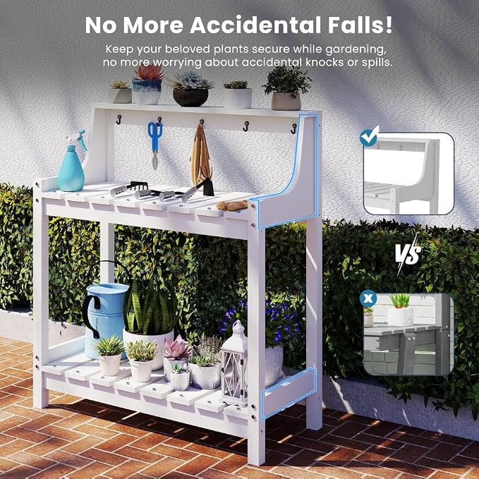 Potting Benches for Outside, HDPE Garden Potting Table All Weather, Outdoor Potting Table with Storage for Patio, Backyard, Garden, White