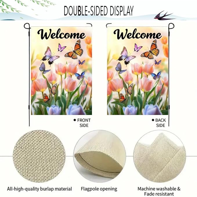 Spring Summer Garden Flag 12x18 Double Sided, Small Burlap Flowers Tulip Welcome Garden Flags Spring Summer Decorations Outdoor Yard Flags for Outside Lawn Décor