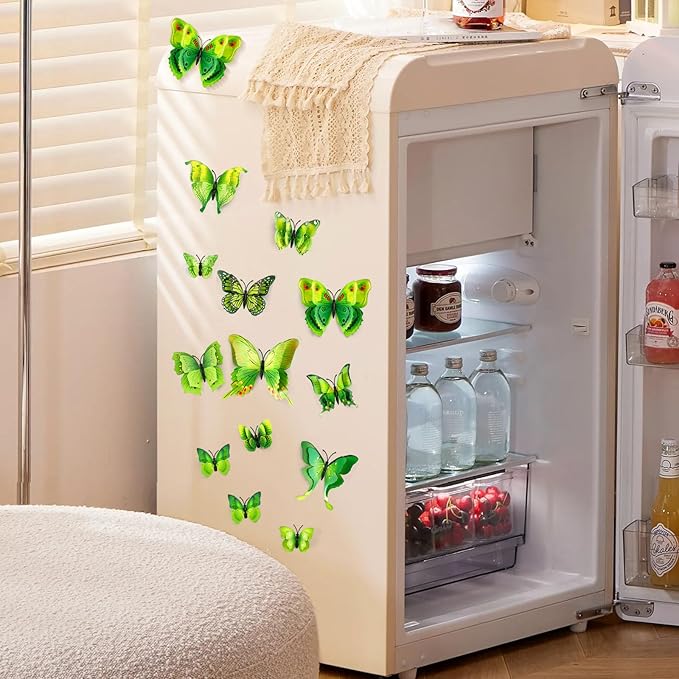 SAOROPEB 3D Butterfly Wall Decor, 24 Pcs Double Layer Butterfly Decorations for Party Decorations Locker Decor Refrigerator Decal, Reusable (Green)