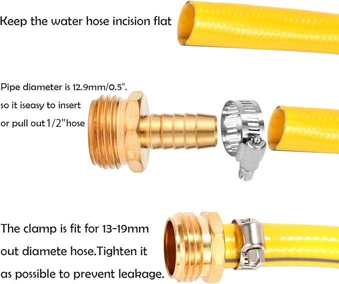Brass Garden Hose Connector Repair Mender Kit with Stainless Clamp,Fits 1/2" Water Hose Fitting,2 Sets(1/2" Barb x 3/4" GHT)