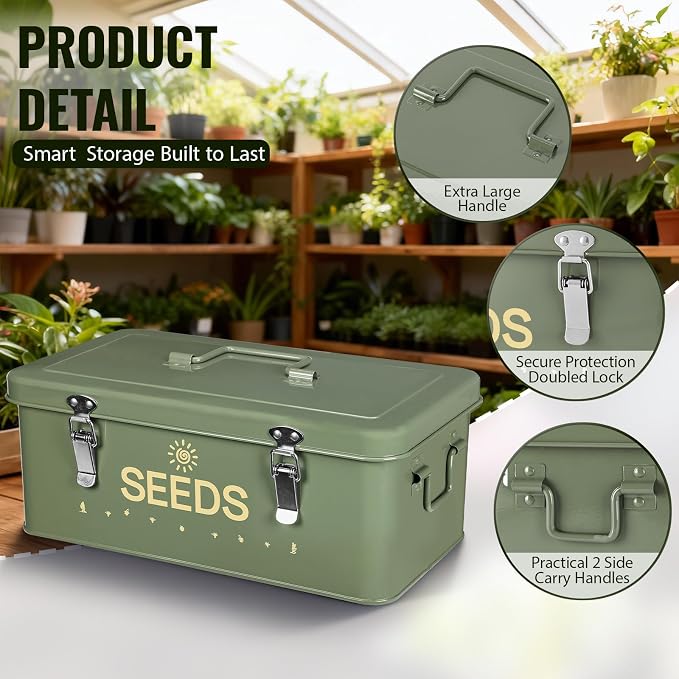 Metal Seed Storage Box with Safety Locks, Large 4-Compartment Seed Organizer Kit with 30 Envelopes, 30 Plant Labels & 5 Plastic Bottles1 Mark Pen, Lockable Seed Saving Bin for Gardeners