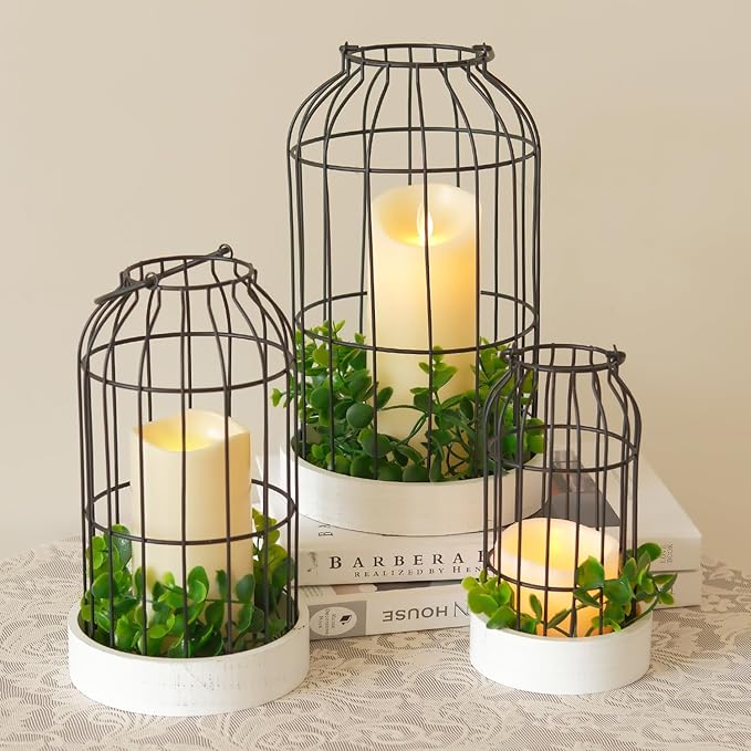 Rustic Farmhouse Lantern Decor Set of 3 Lanterns Decorative Indoor and Outdoor, Fireplace Mantle or Kitchen Dining Table - Modern Upscale Beauty for Home