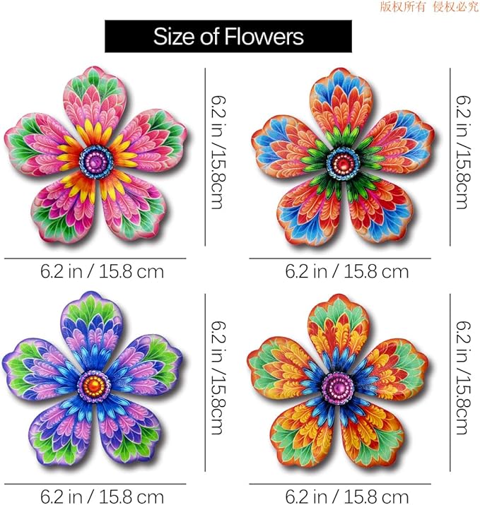 Giyyomtr Metal Flowers Wall Decor - 4pcs Metal Wall Art Hanging Decorations for Outdoor Fence Garden Yard Patio Decor