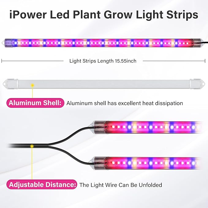 iPower 20W LED Plant Grow Light Strips Full Spectrum for Indoor Plants with Auto ON/Off 3/9/12H Timer, 10 Dimmable Levels 48 LEDs Per Tude, for Hydroponics Succulent, 2 Tubes*2, Mix
