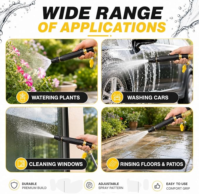 High Pressure Hose Nozzle High Pressure Car Wash Water Gun Garden Hose Sprayer High Pressure Hose Nozzle, Adjustable Spray Patterns for Car Washing and Outdoor Cleaning