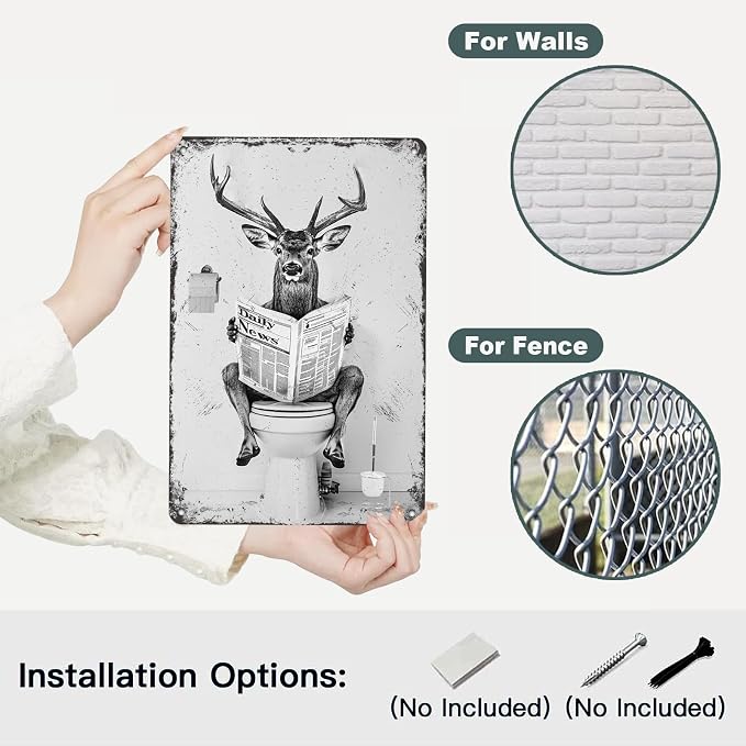 Deer Metal Tin Sign Funny Toilet Vintage Sign for Perfect Black and White Bathroom Decor 12 * 8in