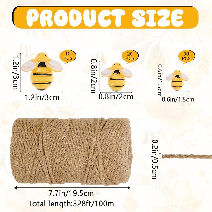 Bee Hive Decor Honey Pot Party Decorations Set, Crafts Jute Rope Natural Twine Tiny and Resin Honeybee for Bee Baby Shower Summer Home Decor Farmhouse Birthday Party Supplies