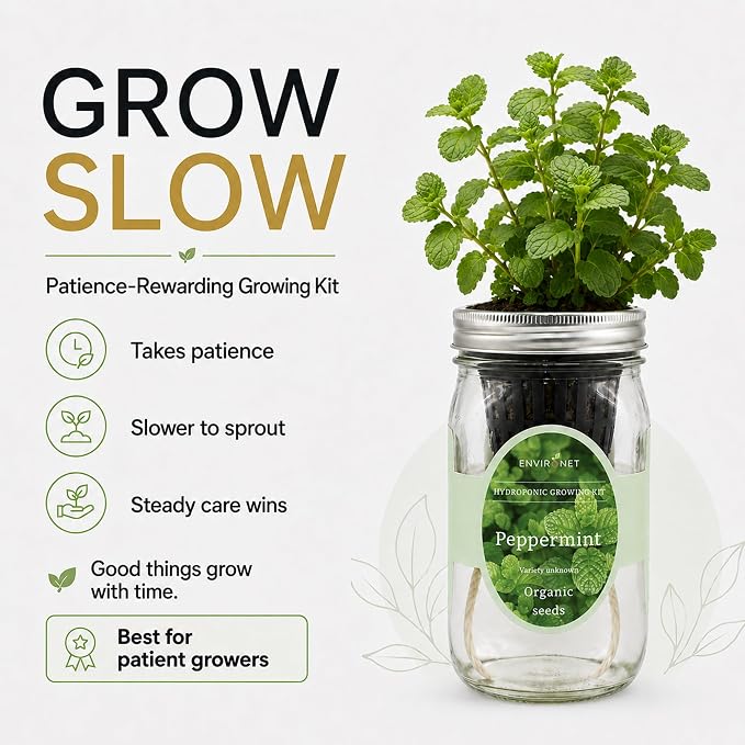 Hydroponic Herb Growing Kit, Self-Watering Mason Jar Herb Garden Starter Kit Indoor, Grow Your Own Herbs from Seeds (Peppermint)