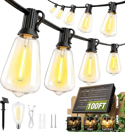 100FT Solar String Lights Outdoor Waterproof with Remote & Timer, LED Shatterproof ST38 Bulbs, USB & Solar Powered Patio Lights for Backyard, Porch, Garden, Wedding Decor, Dusk to Dawn Lighting