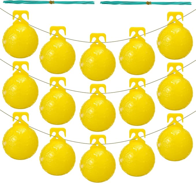 Qualirey 15 Pcs Sticky Fruit Fly Trap Ball Adhesive Fly Catching Ball Flying Insects Trap Sticky Ball with 15 Ribbon Fly Gnat Wasp Hornet Mosquito Bugs Flying Insects Trap Ball Traps(Yellow)