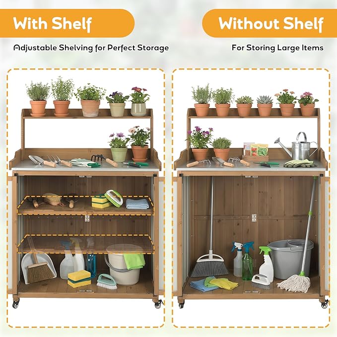 Outdoor Potting Bench with Storage, Outdoor Garden Work Table & Storage Cabinet with Adjustable Shelves, Lockable Wheels, Waterproof Metal Top Workstation for Potting, Gardening, Backyard, Patio