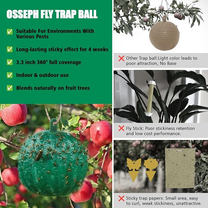 Sticky Insect Trap Ball, osseph Fruit Fly Trap Balls for Indoor Outdoor 6pc, Physical Extra Sticky Hanging Bug Ball Catches Flie Gnat Wasps Mosquitoe Flying Insects (Green)