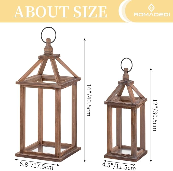 Romadedi Farmhouse Wood Candle Lantern - 12" / 16" Set of 2 Rustic Wooden Lanterns Decorative Candle Holder Home Decor Wedding Table Centerpiece Indoor Outdoor Fireplace Decorations, Brown