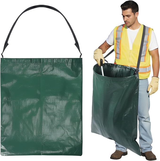 Faccito Litter Bag with Shoulder Strap Trash Pickup Bag Holder Lawn Leaf Chute Vinyl 4.45 Cubic Feet No Bending Portable Trash Picker Grabber for Patio Yard Garden Wear Gloves When Assembling(Green)
