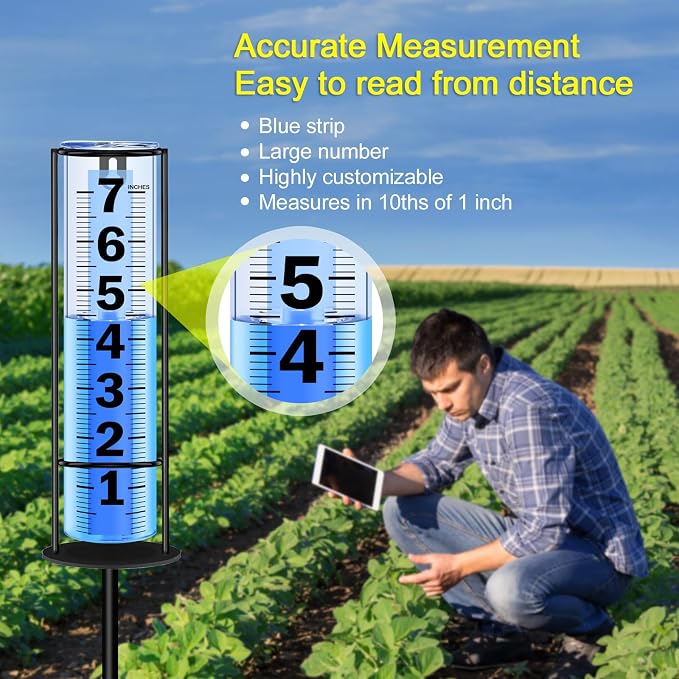 Rain Gauge Outdoor Upgraded, Accurate Freeze Proof Thickened Rain Gauges Outdoors Best Rated, Large Clear Numbers and Adjustable Height Rain Measuring Tool for Garden, Yard, Lawn, Patio, and Farm Use