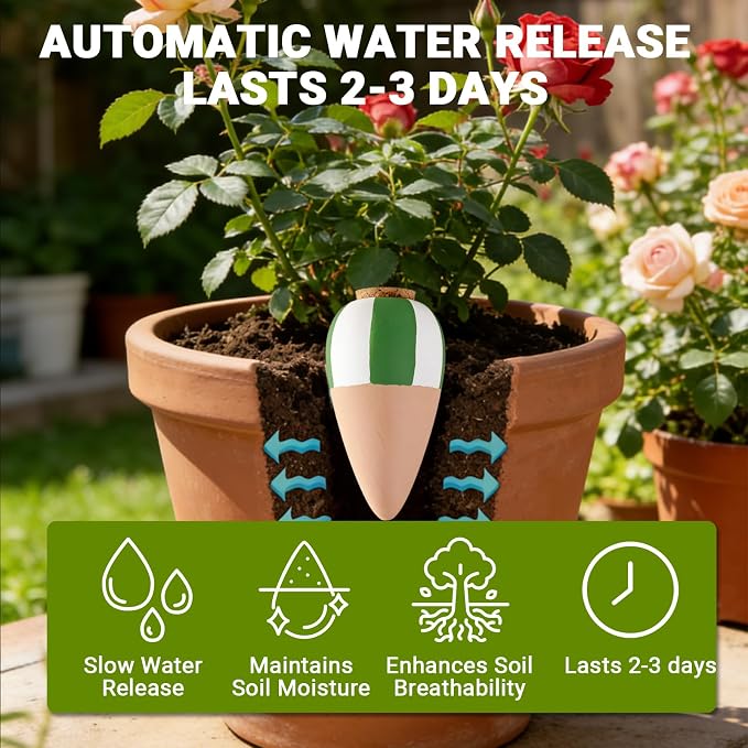 RoseFlower Terracotta Watering Spikes, Self Watering Planter Insert, Clay Watering Spikes, Vacation Automatic Plant Waterer Plant Watering Devices for Indoor Outdoor Home Office Plants