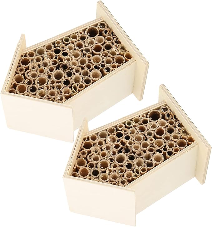 2PCS Wooden Bee House - Natural Hotel for Bees - Safe & Durable Garden Decoration & Pollinator
