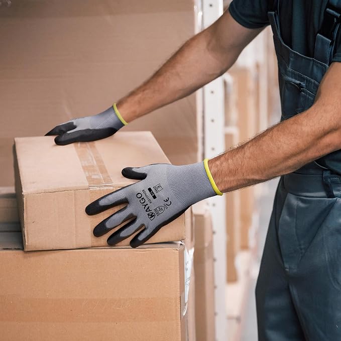 KAYGO Work Gloves for Men and Women,60 Pairs Seamless Knit PU Coated Safety Gloves, with Smooth Grip on Palm and Fingers, Ideal for Light Warehouse, Manufacturing, Gardening, KG11P (M,Gray)