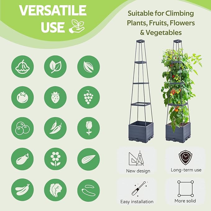 2 Pack Tomato Planter Box with Trellis for Climbing Plants Outdoor - Self Watering Raised Garden Bed Tomato Pot - 55" Tomato Cage Garden Trellis Plant Support for Vine Vegetables Herbs Flowers Indoor