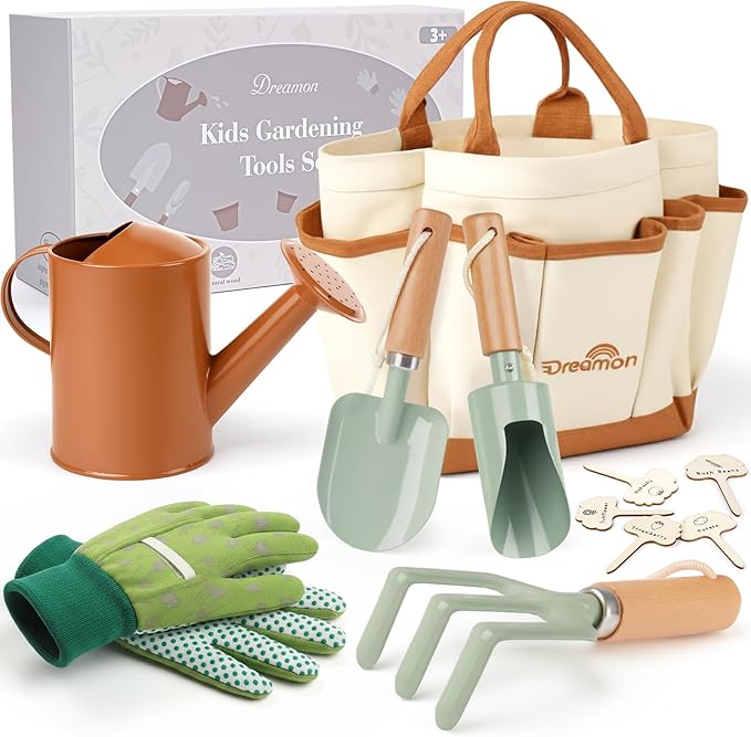 Kids Gardening Set, Quality Gardening Tools Outdoor Toys Set for Kids Toddler, Includes Tote Bag, Gloves, Watering Can, Shovel, Rake, Cultivator, Garden Tool Kit Learning Outdoor Gifts for Boys Girls