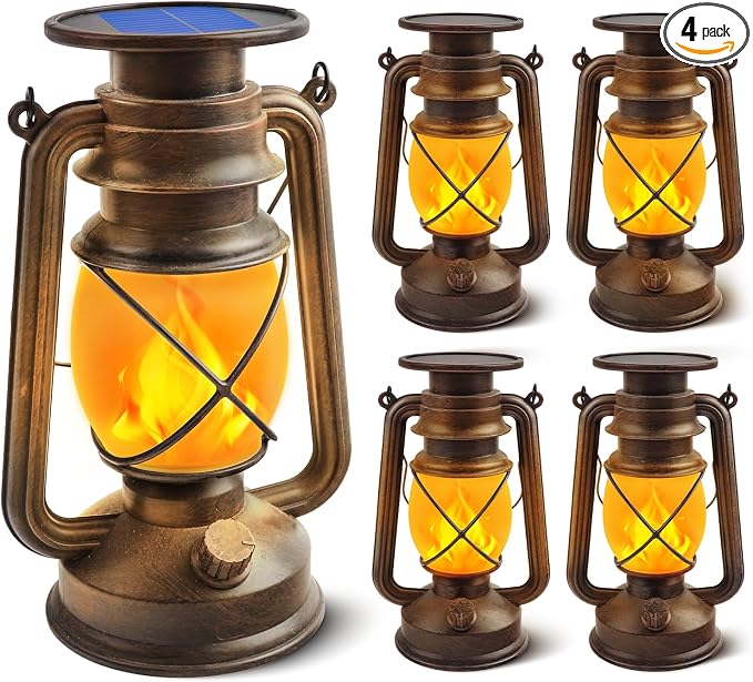 Solar Lanterns Outdoor Waterproof 4 Pack Bronze Vintage Lanterns with Dancing Flame Led Hanging Lights Decor,Lamps for Porch Garden Yard Pathway Camping