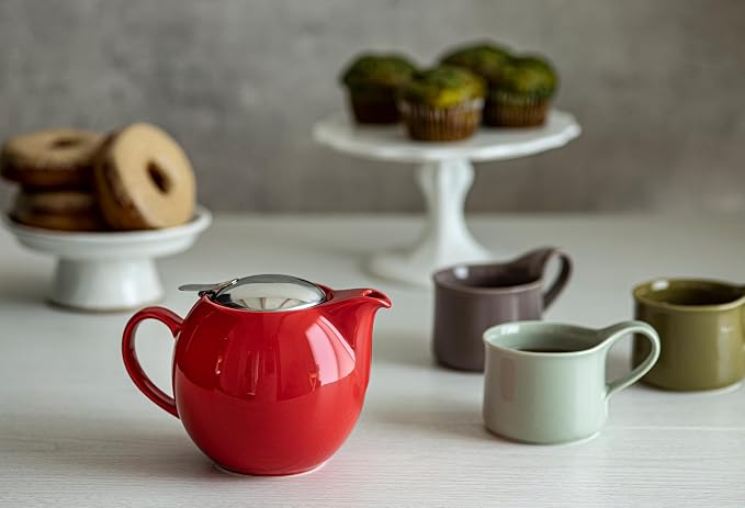 Zero Japan Bee House Round Teapot For One, 24 Oz - Ceramic Tea Pot with Stainless Steel Lid and Infuser, Smooth-Pour Spout, Diswasher and Microwave Safe Tea Pots (Tomato)