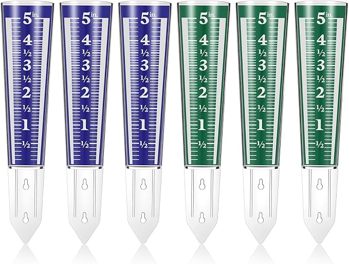 6 Pcs Rain Gauge Outdoor, 5 Inch Capacity Plastic Easy to Read Rain Gauges Measure and Monitor Precipitation Magnifying Scale and Numbers for Garden Yard Field Lawn (Blue, Green)