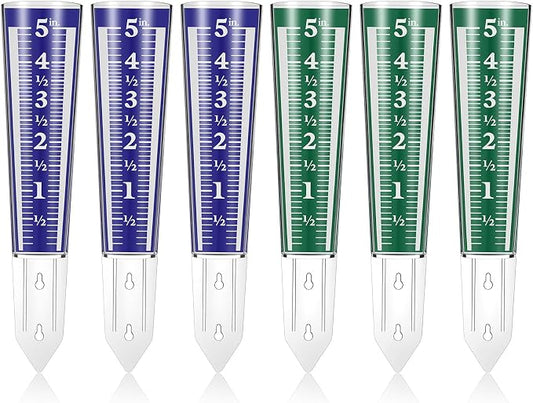 6 Pcs Rain Gauge Outdoor, 5 Inch Capacity Plastic Easy to Read Rain Gauges Measure and Monitor Precipitation Magnifying Scale and Numbers for Garden Yard Field Lawn (Blue, Green)