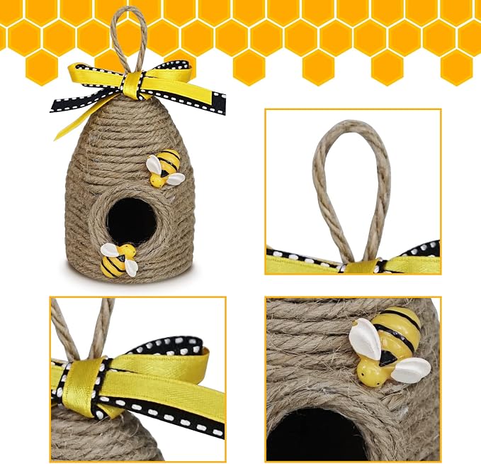 Bee Hive Decor,3 Pack Bumble Bee Rustic Hive,Natural Bee House, Bumble Bee Theme Party Decor Spring Summer Rustic Farmhouse Kitchecn Table Decorations, Honey Bee Tiered Tray Decoration
