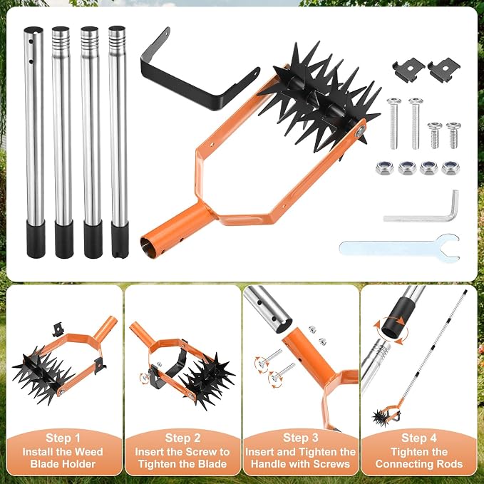 M METERXITY 2-in-1 Rotary Cultivator Tool, 72 Inch Adjustable Garden Hand Tiller with Star-Shaped Rolling Tines, Weeder & Soil Aerator for Loosening Mixing Soil/Lawn Care/Reseeding Grass