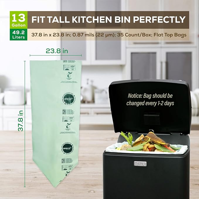ANECO 100% Compostable Trash Bags 13 Gallon, 35 Count, Extra Thick Kitchen Compost Bags, Large Compostable Bags for Tall Kitchen Bin