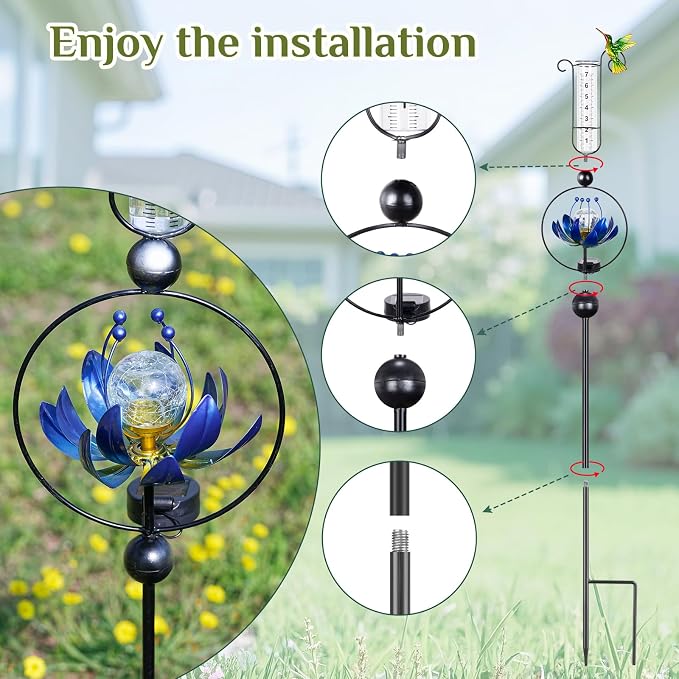 Rain Gauge Outdoor,42 Inch Solar Rain Gauges Decorative with Lotus Flower Spinner Light,Large Number Plastic Tube Rain Catcher Freeze Proof Hummingbird Water Gauge for Garden Yard Lawn