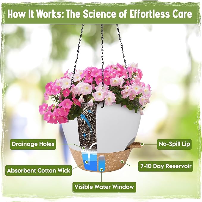 Self-Watering Hanging Planters with Water Level Window, 8/10 Inch Indoor Outdoor Hanging Plant Pots Includes Chain Hangers with Drainage Holes & Detachable Reservoir (White, 8+10 inch)