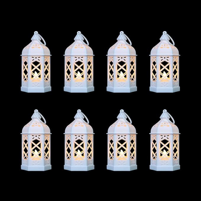 8-Pack Mini Lanterns for Ramadan, Wedding,Halloween,Christmas, Small Decorative Lanterns with LED Candle for Baby Shower Party, Moroccan Lantern for Table Centerpiece, Medieval Decor, White