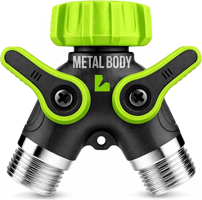 2 Way Hose Splitter Heavy Duty - Metal Y Garden Hose Splitter with Shutoff Valves, Brass Outdoor Faucet Adapter for Spigot, 3/4 Inch GHT Water Hose Connector - Green