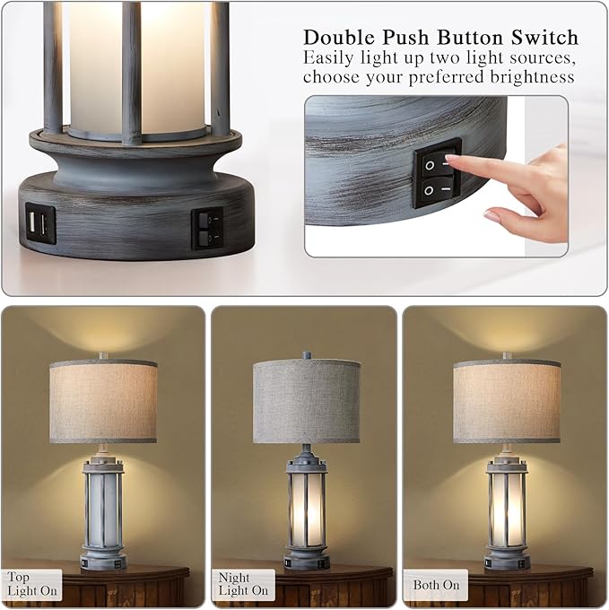 AIEAMPDO Set of 2 Rustic Table Lamps for Living Room with 2 USB C+A Ports | Farmhouse Vintage Nightstand Lamp, Antique Retro Light Green Glass Night Light for Bedroom Entryway, 4 Bulbs Included