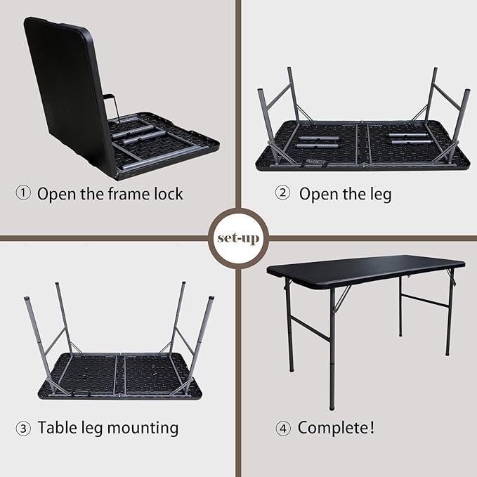 Folding Table 4 Foot Portable Folding Tables Heavy Duty Fold-in-Half Utility Table Small Indoor Outdoor Folding Square Card Table w/Handle for Picnic, Party, Camping (Black)