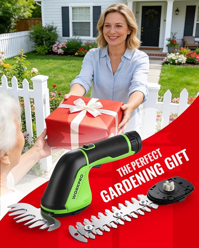 WORKPRO 12V Cordless Grass Shear, 2-in-1 Electric Hedge Trimmer & Grass Cutter, with 2.0Ah Rechargeable Battery, 1-Hour Fast Charger, Lightweight Handheld Bush Trimmer for Lawn and Garden