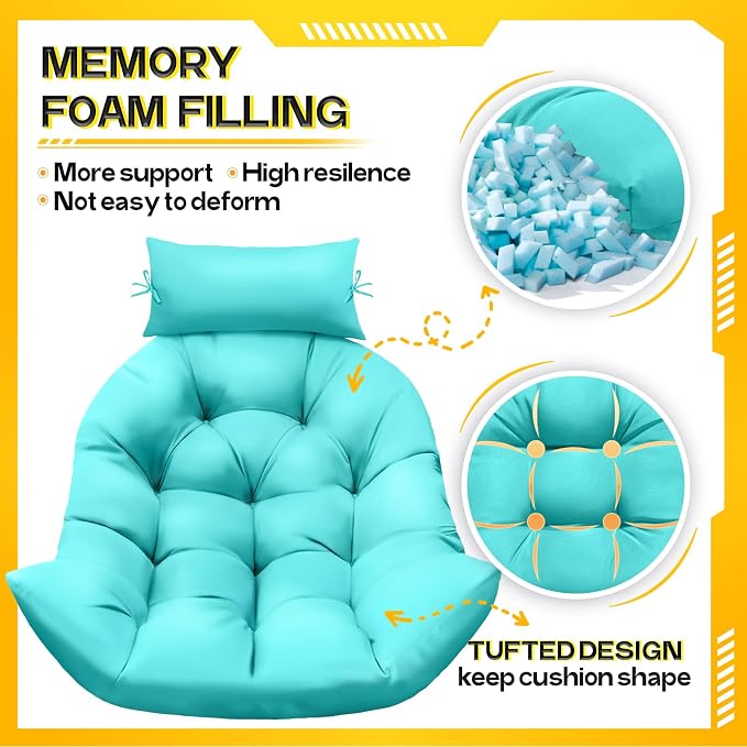 MAGIC ELEPHANT Egg Chair Cushion, Memory Foam Hanging Egg Chair Cushion Replacement, Indoor Outdoor Hammock Basket Swing Cushion with Headrest (Turquoise)