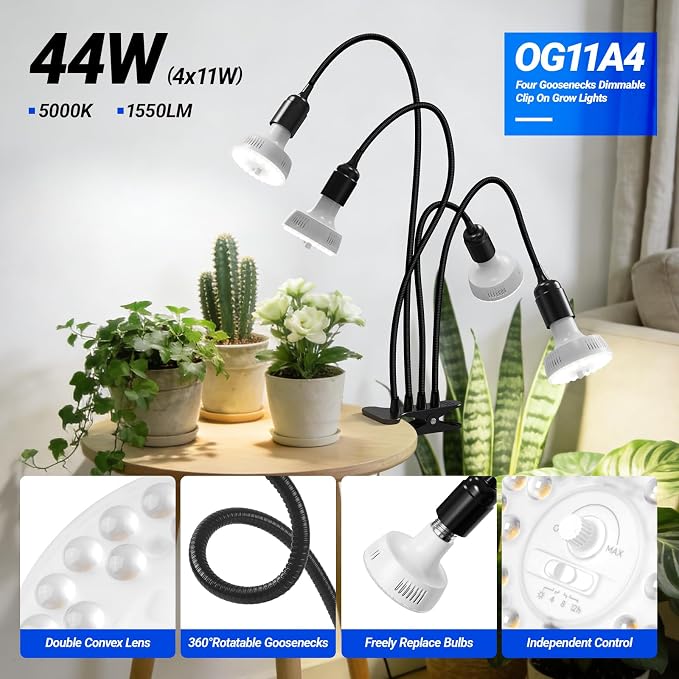 Barrina Orbgrow OG11A4 Clip On Grow Lights for Indoor Plants, Integrated Stepless Dimming & Timing, 5000K 44W(4 x 11W, 400 Watt Equiv), Full Spectrum 4-Gooseneck with E26 Plant Light Bulbs