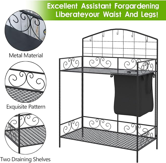 Outdoor Potting Bench Table with 2 Removable Wheels, Garden Potting Bench with Storage & Shelves Hooks, 36.25" L x 17.75" W x 46.75" H