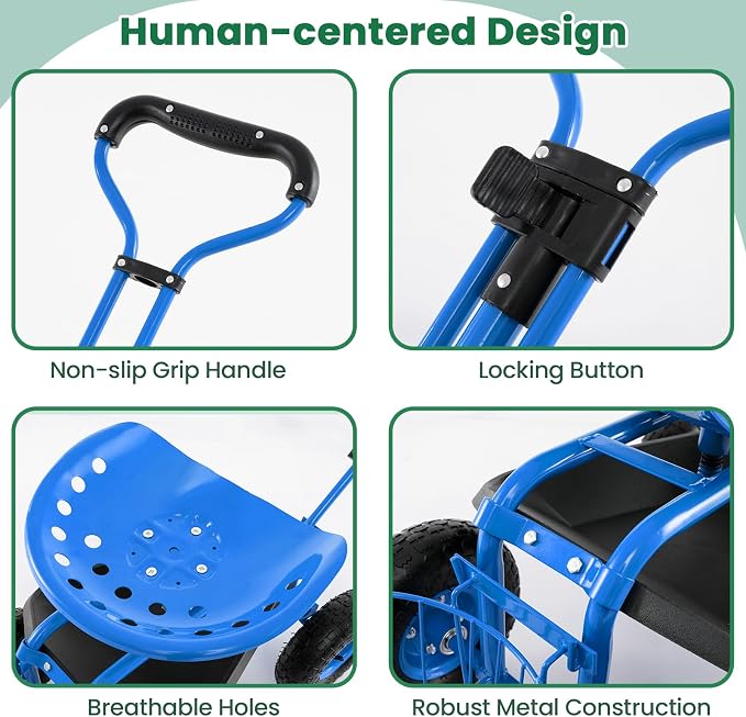 IRONMAX Garden Cart with Seat, Gardening Rolling Stool Scooter with 10’’ All-Terrain Wheels, Adjustable Steering Handle, Tool Tray and Basket, Outdoor Work Seat for Planting (Blue)