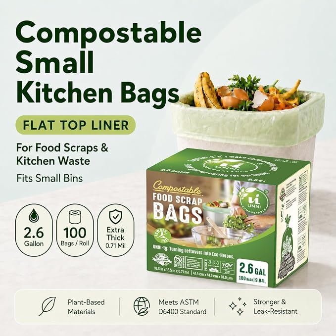 UNNI Compostable Trash Bags, 2.6 Gallon / 9.84 Liter, 200 Count, Extra Thick 0.71 Mil Small Kitchen Food Scrap Bin Liners, Certified by BPI, CMA & OK compost HOME, Meets the ASTM D6400 Standard