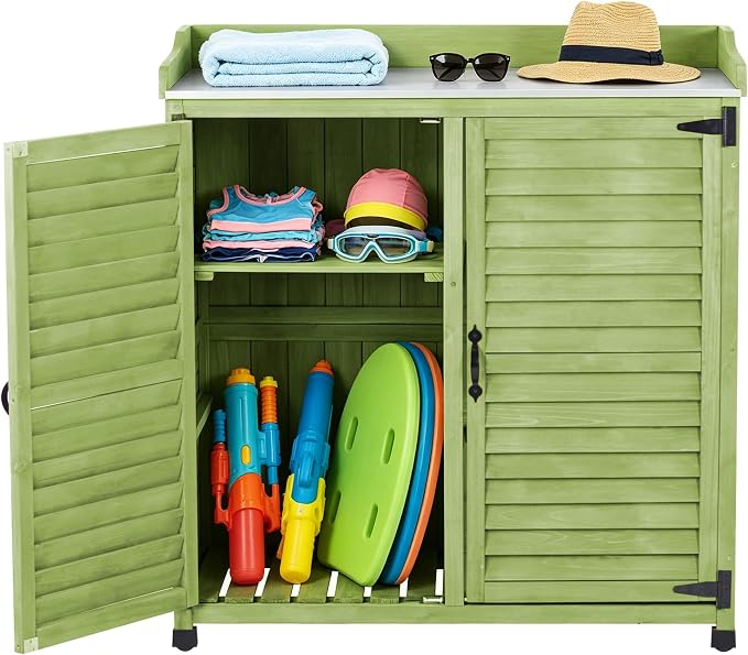 Outdoor Potting Bench with Metal Work Top,Waterproof Garden Storage Cabinet,Wooden Tool Station Shed for Backyard,Patio,Lawn Gardening