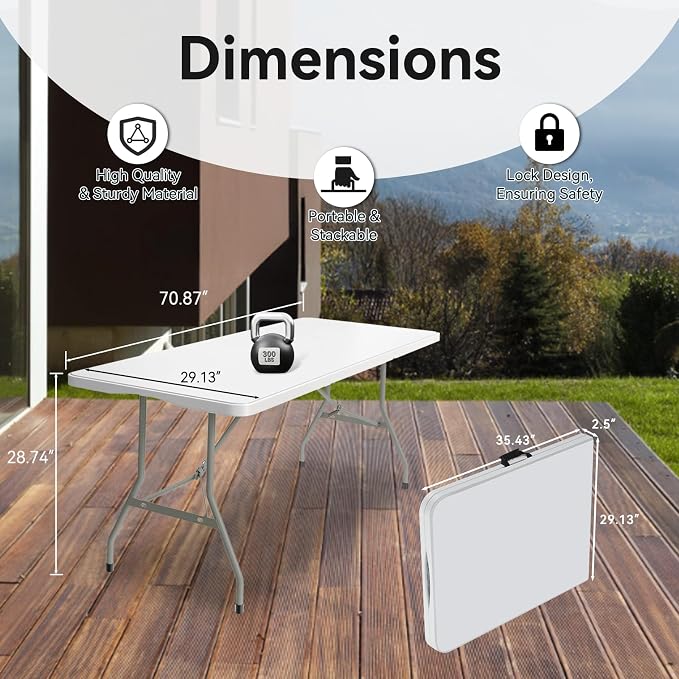 50 Pack of 6 Foot Foldable Table with Built in Handle & Steel Legs ,Heavy Duty Portable ,Perfect for Party, Dining, Wedding, Events, Picnic Indoor, Outdoor, Camping, Utility, Folding(white-50pac)