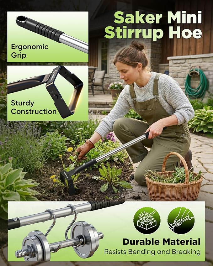 Saker Mini Hand Stirrup Hoe for Precision Weeding, Garden Hula Hoe Tool with Hollow Trapezoid Blade for Raised Beds, Greenhouse & Small Spaces